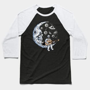 Funny Skeleton Astronaut Playing Guitar on Dead Moon Baseball T-Shirt